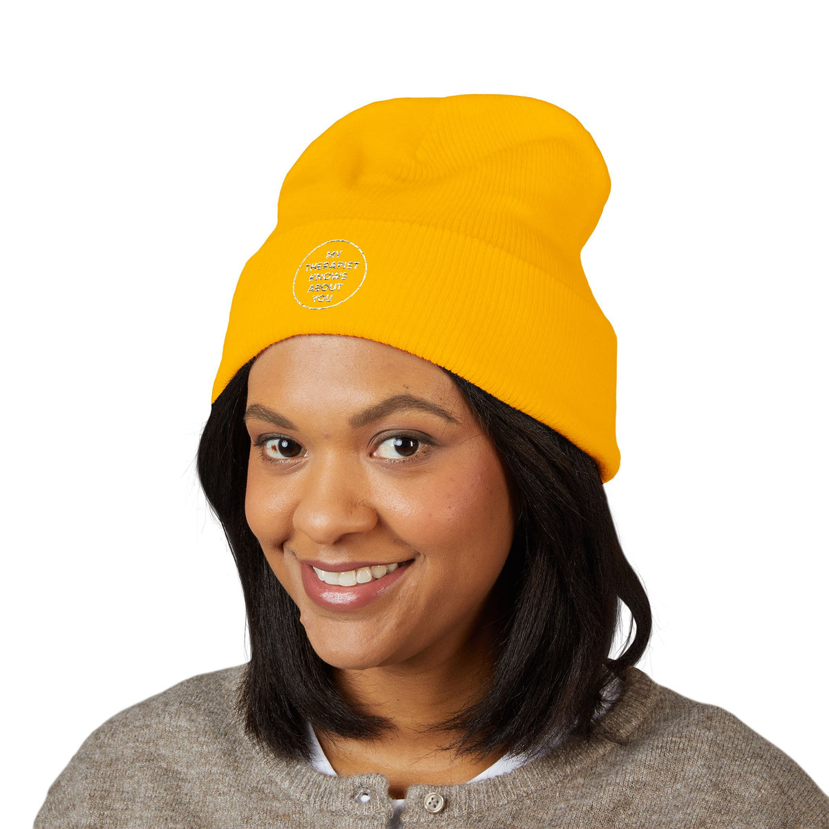 Embroidered Cuffed Beanie — “My Therapist Knows About You” Minimal Knit Hat