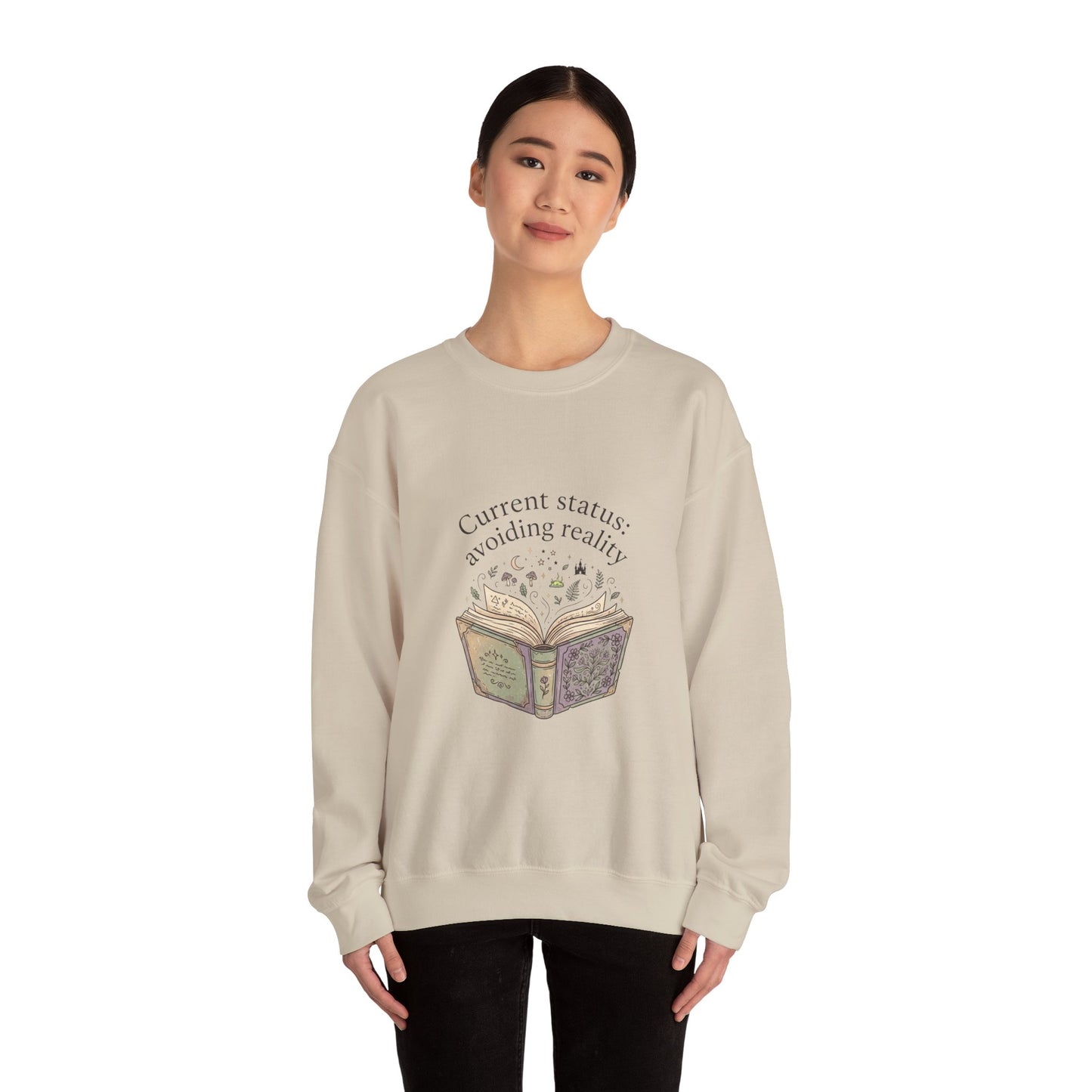 Current Status Avoiding Reality Sweatshirt | Book Lover, Cozy Reader