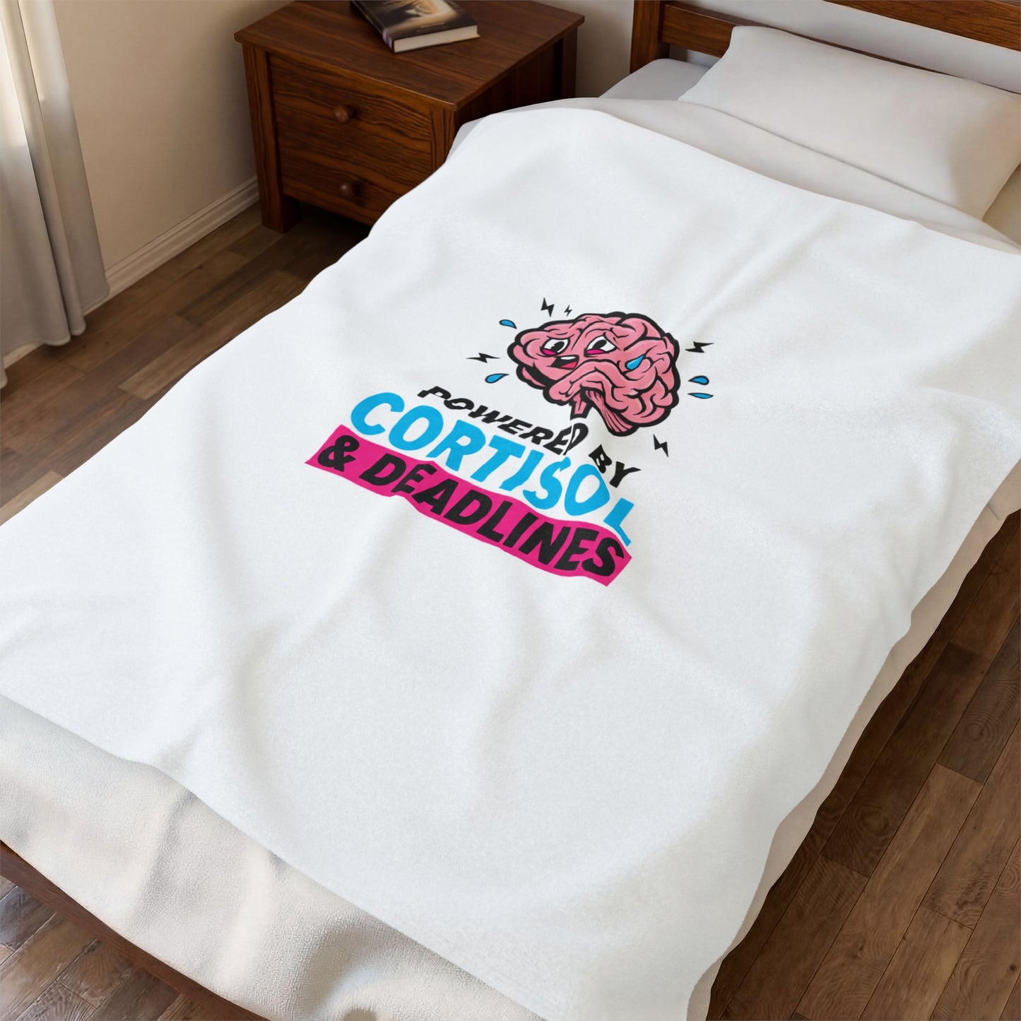 Powered by Cortisol & Deadlines Velveteen Plush Blanket, stress meme, burnout humor
