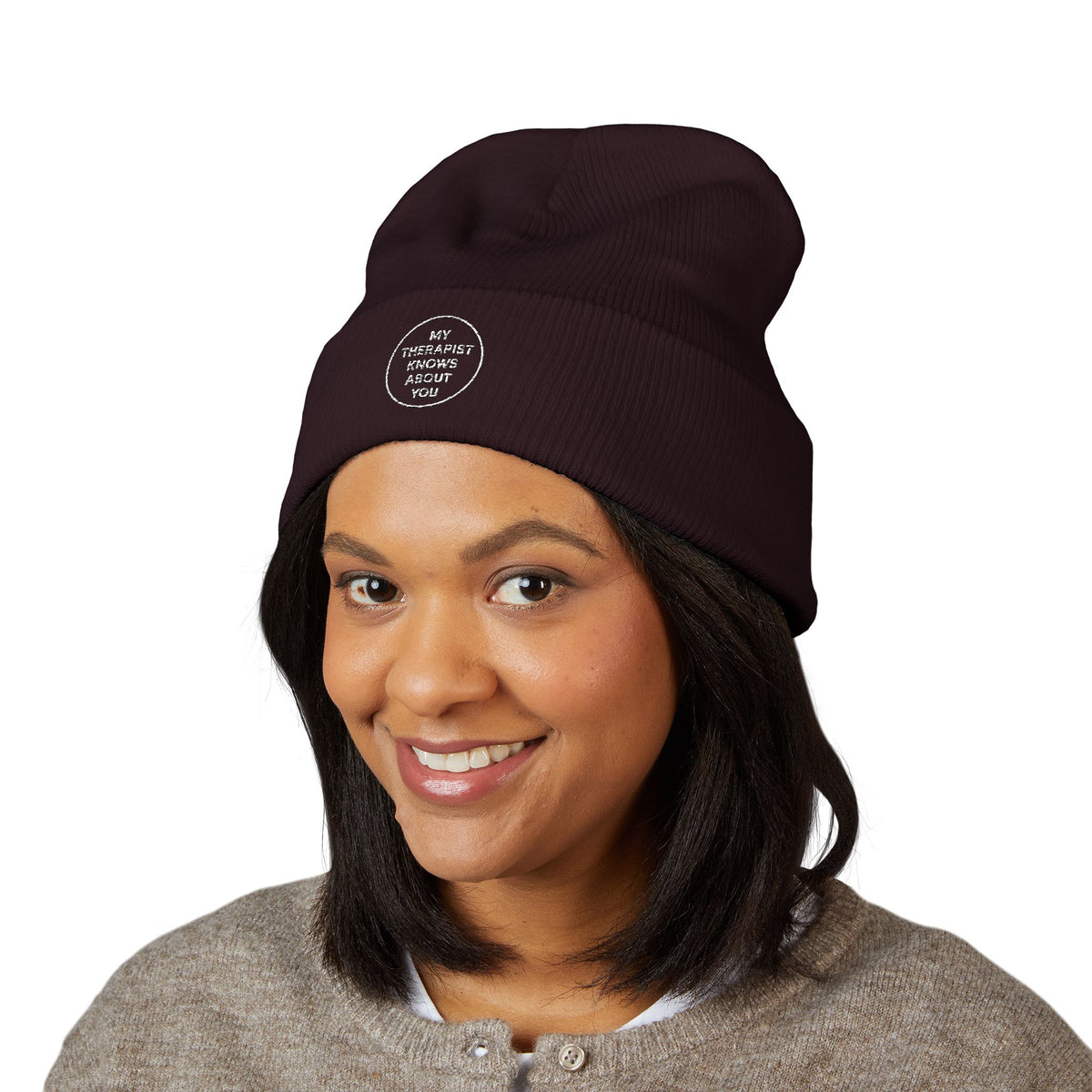 Embroidered Cuffed Beanie — “My Therapist Knows About You” Minimal Knit Hat