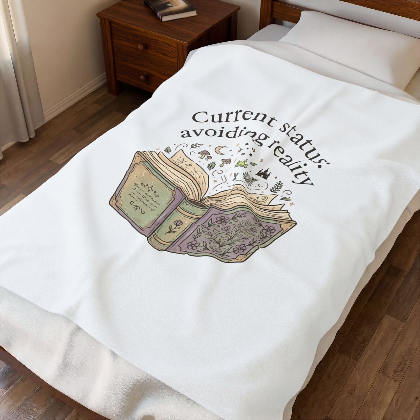 Current Status: Avoiding Reality Velveteen Blanket | Book Lover, Cozy Reader
