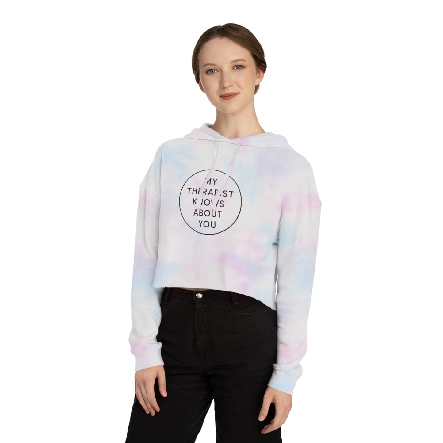 Cropped Hoodie — “My Therapist Knows About You” Minimal Graphic Cropped Sweatshirt