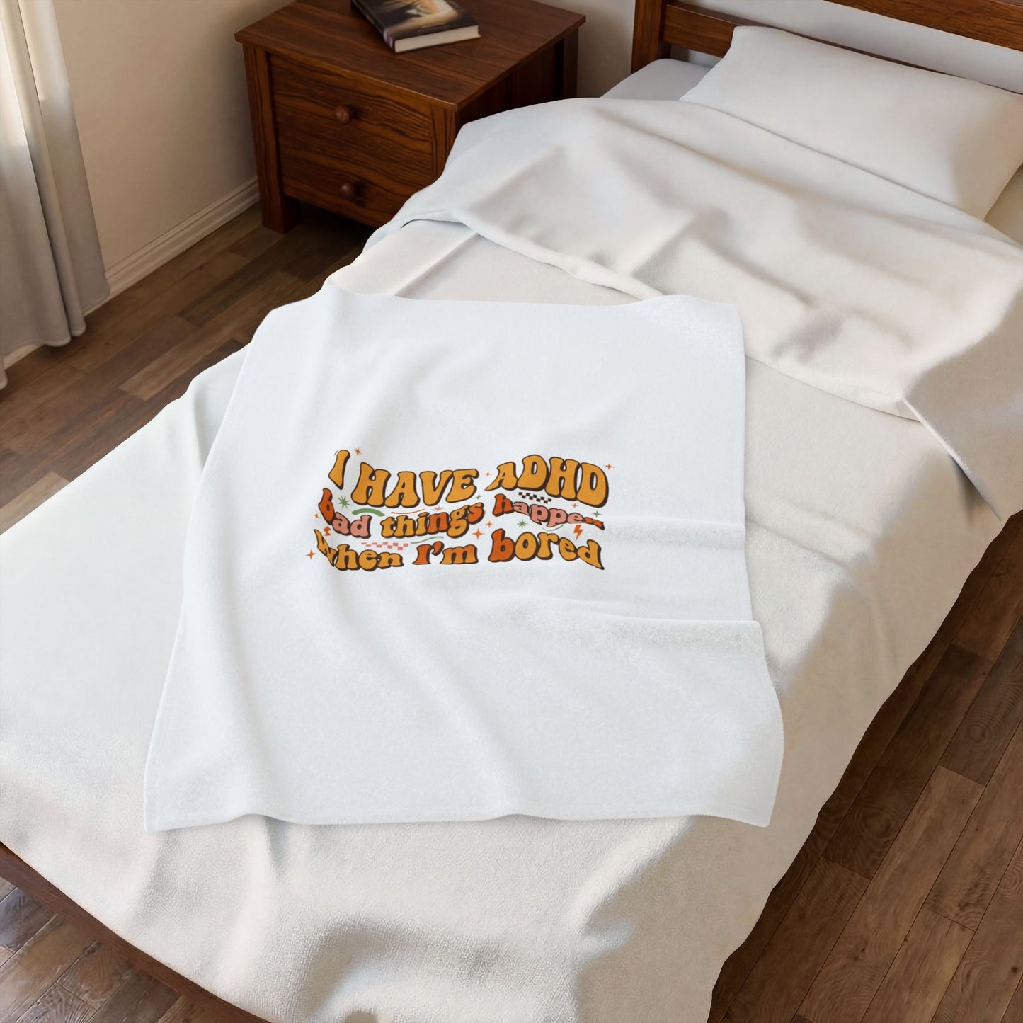 I Have ADHD slogan Velveteen Plush Blanket, neurodivergent pride, sensory-friendly