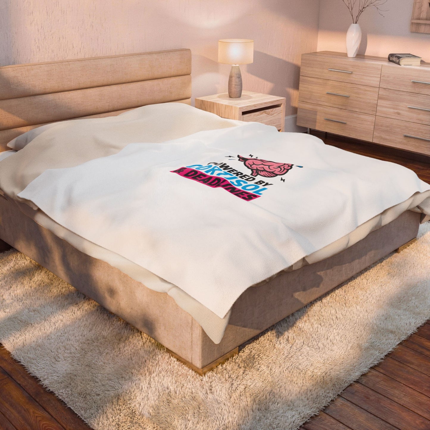 Powered by Cortisol & Deadlines Velveteen Plush Blanket, stress meme, burnout humor