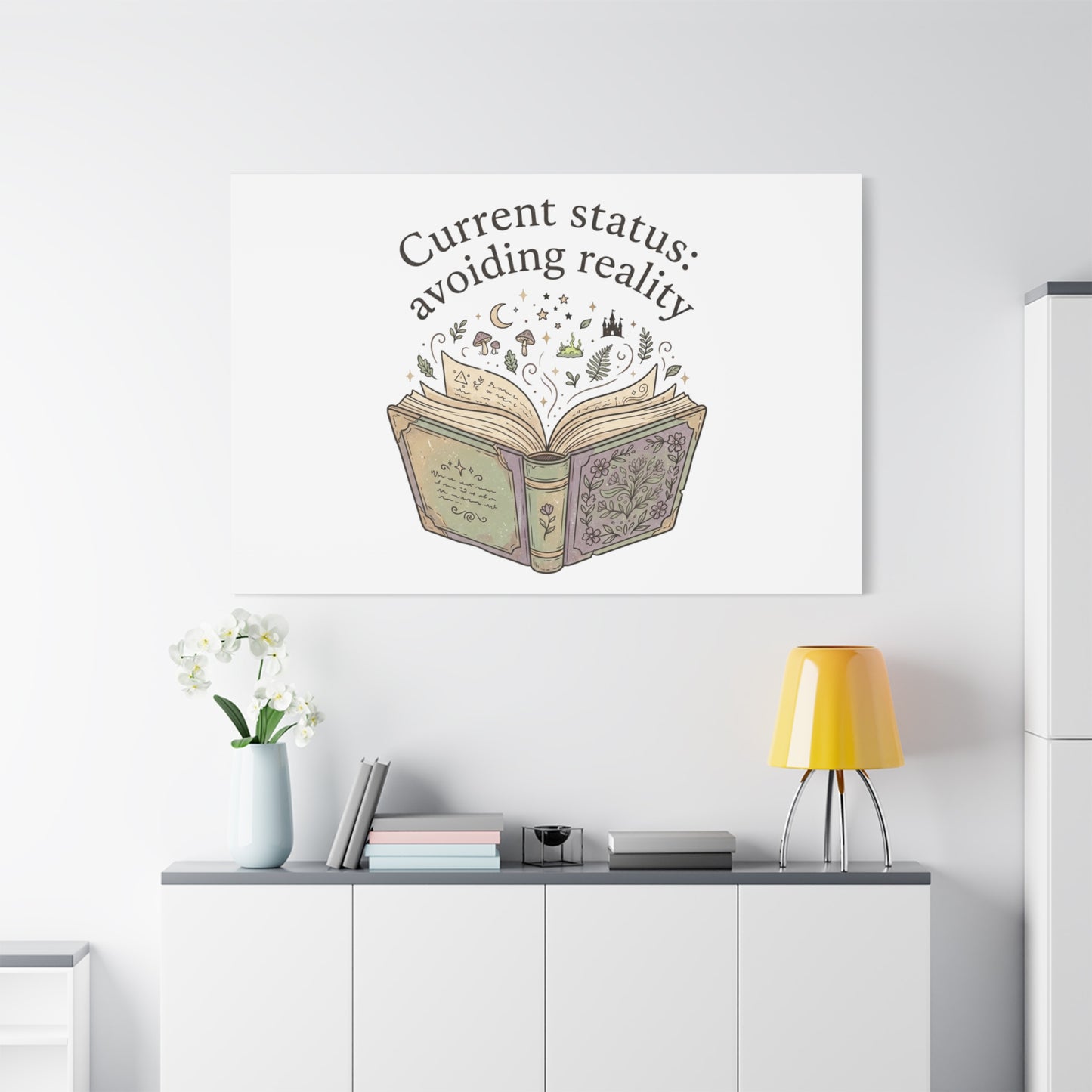 Current Status Avoiding Reality Canvas | Book Lover, Cozy Reader, Dark Academia