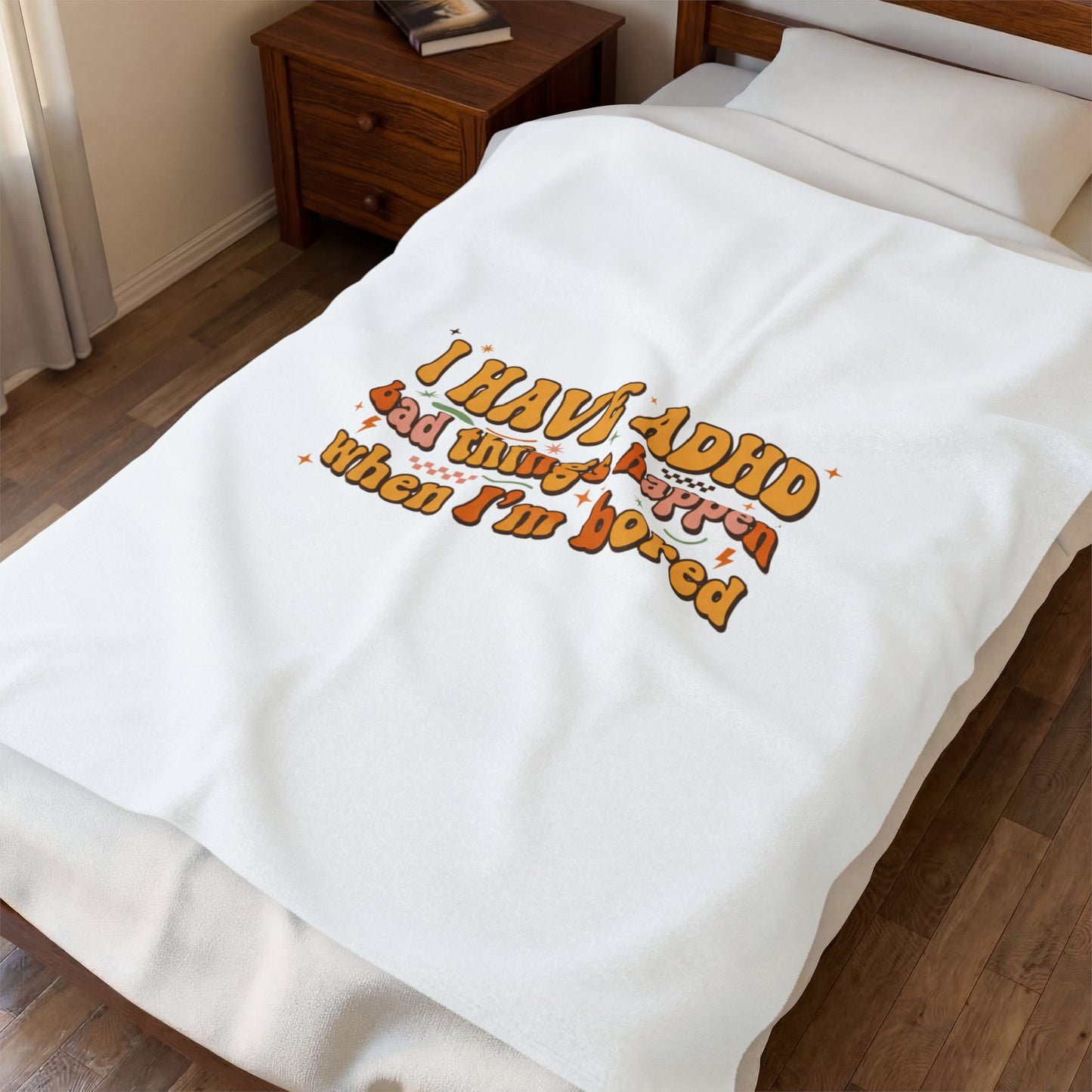 I Have ADHD slogan Velveteen Plush Blanket, neurodivergent pride, sensory-friendly