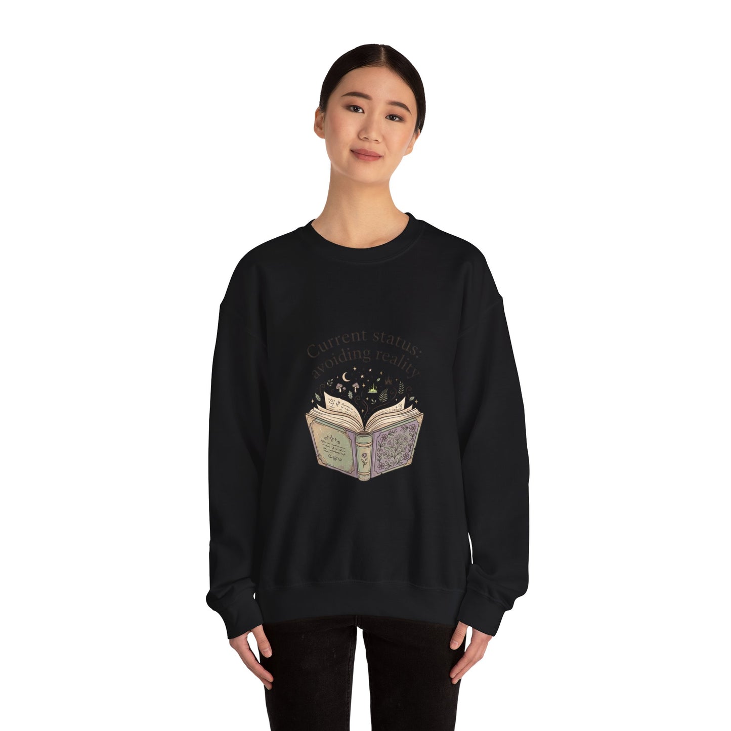 Current Status Avoiding Reality Sweatshirt | Book Lover, Cozy Reader