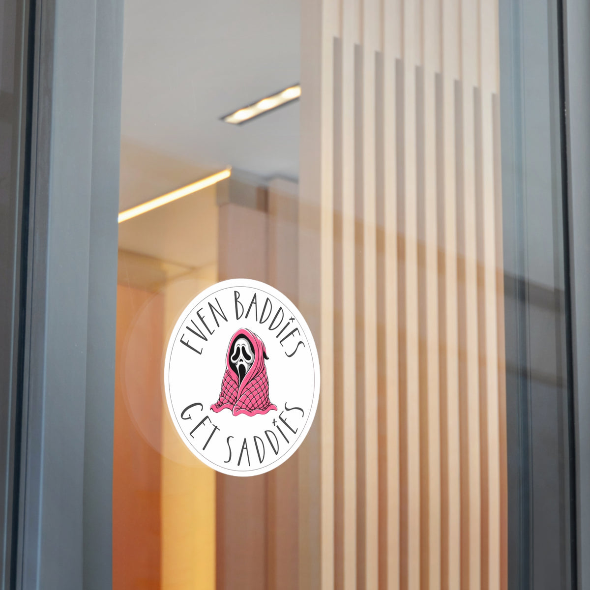Round Vinyl Sticker — “Even Baddies Get Saddies” Cute Scream Ghost in Pink Blanket