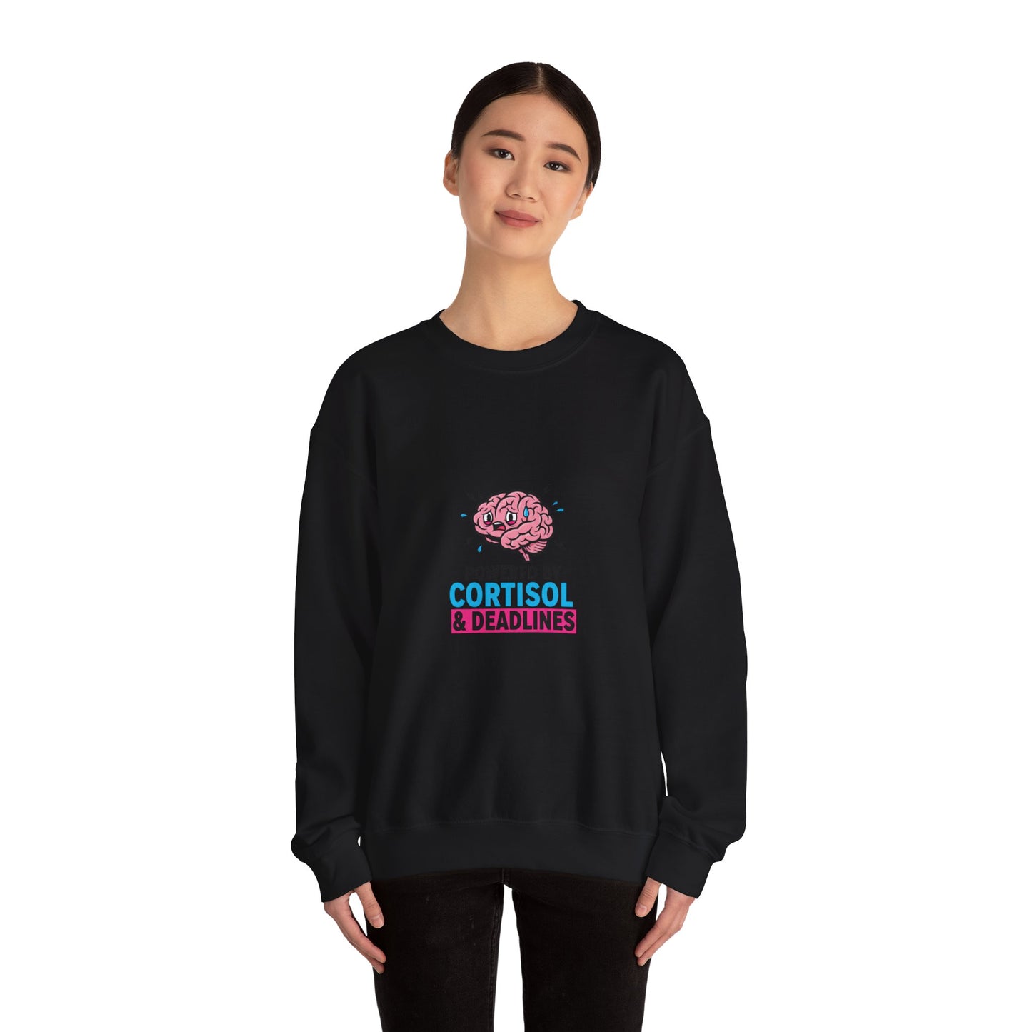 Powered by Cortisol Sweatshirt | stress meme, burnout shirt, anxiety humor