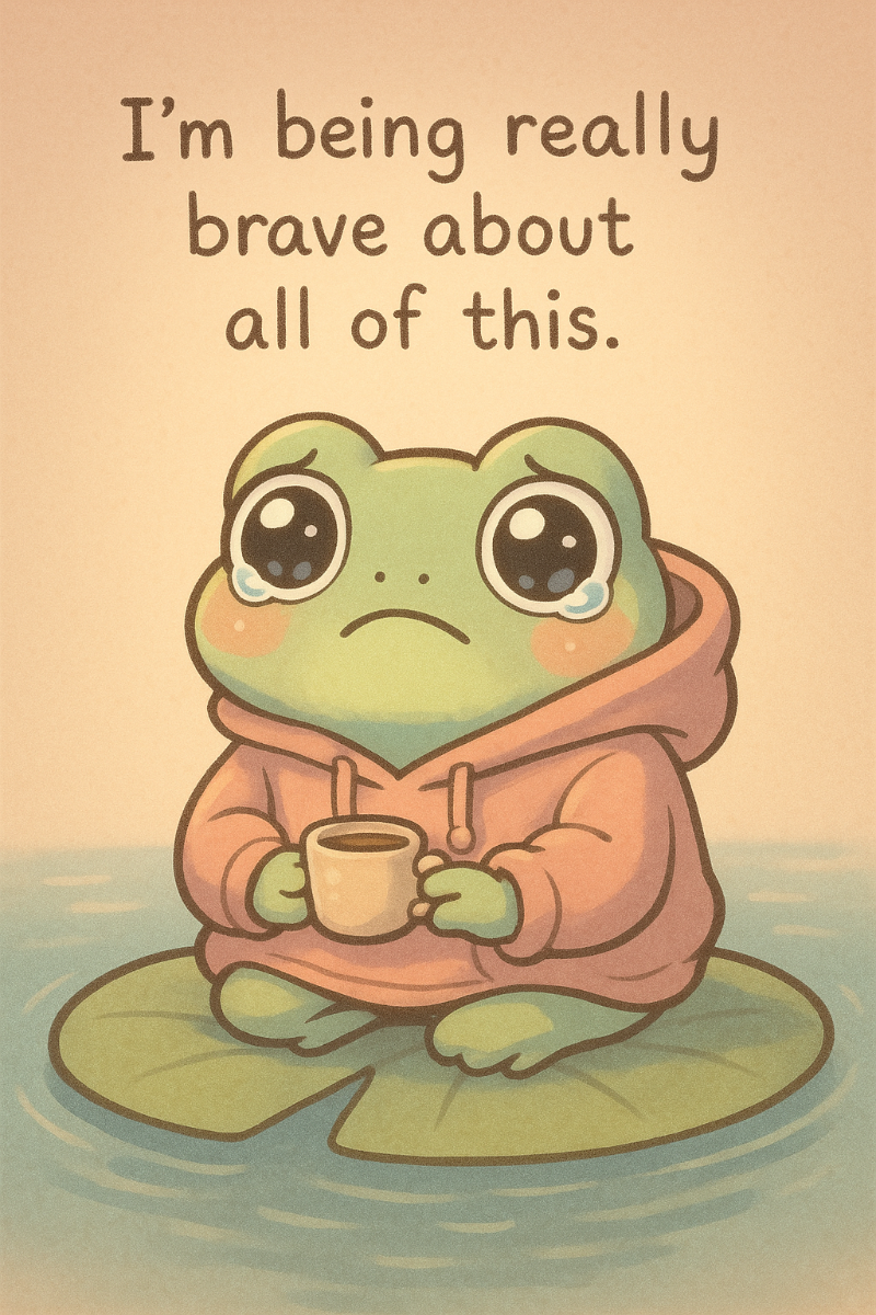 Cartoon frog in a hoodie holding a cup with text 'I'm being really brave about all of this.'