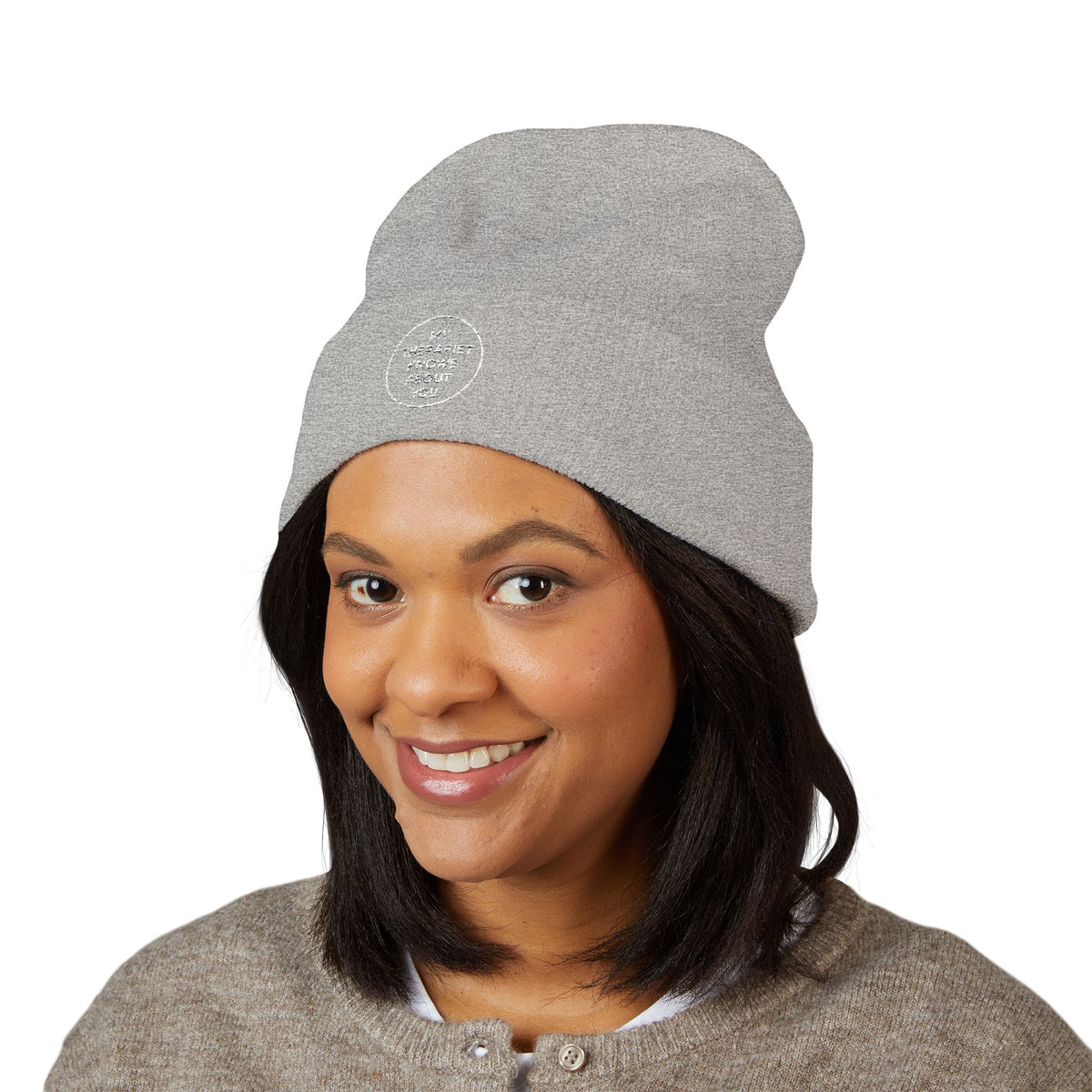 Embroidered Cuffed Beanie — “My Therapist Knows About You” Minimal Knit Hat
