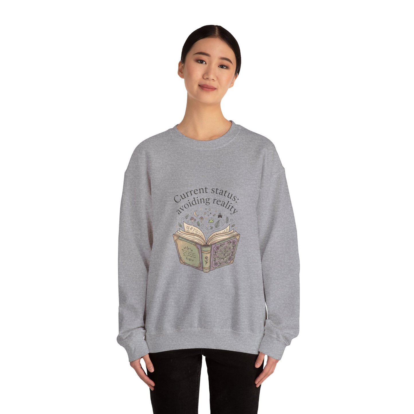 Current Status Avoiding Reality Sweatshirt | Book Lover, Cozy Reader