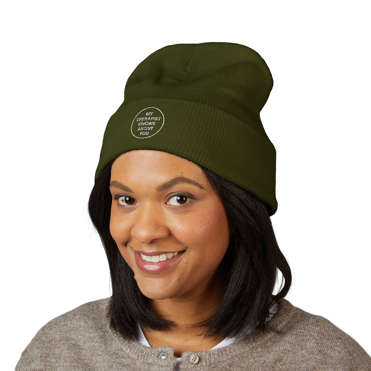 Embroidered Cuffed Beanie — “My Therapist Knows About You” Minimal Knit Hat