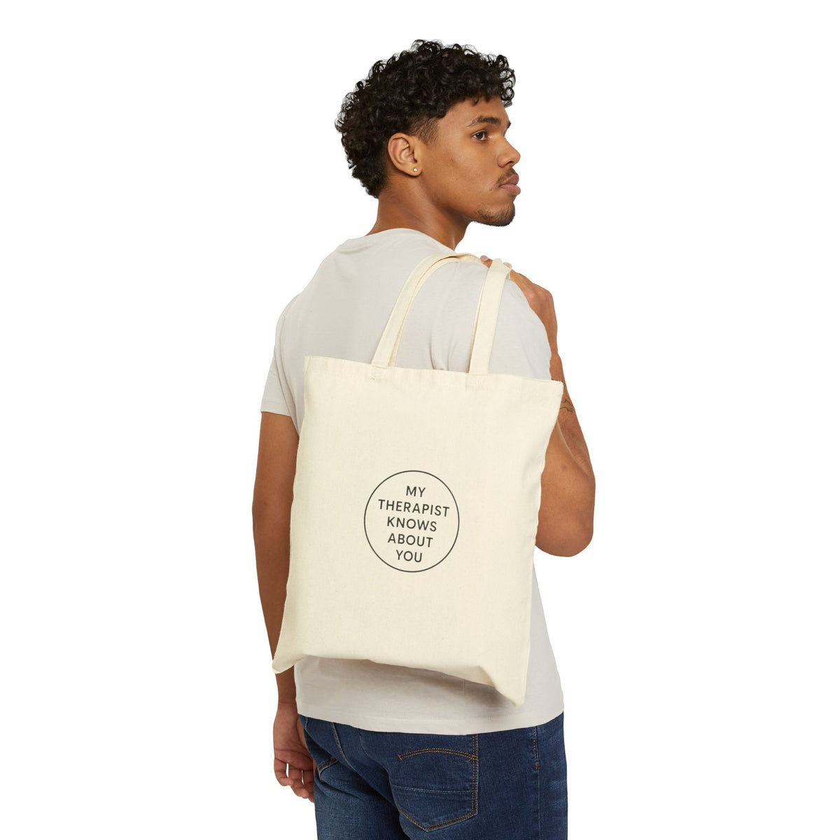 Bonnie & Clyde Boba Tote — “My Therapist Knows About You” Cotton Canvas Tote Bag