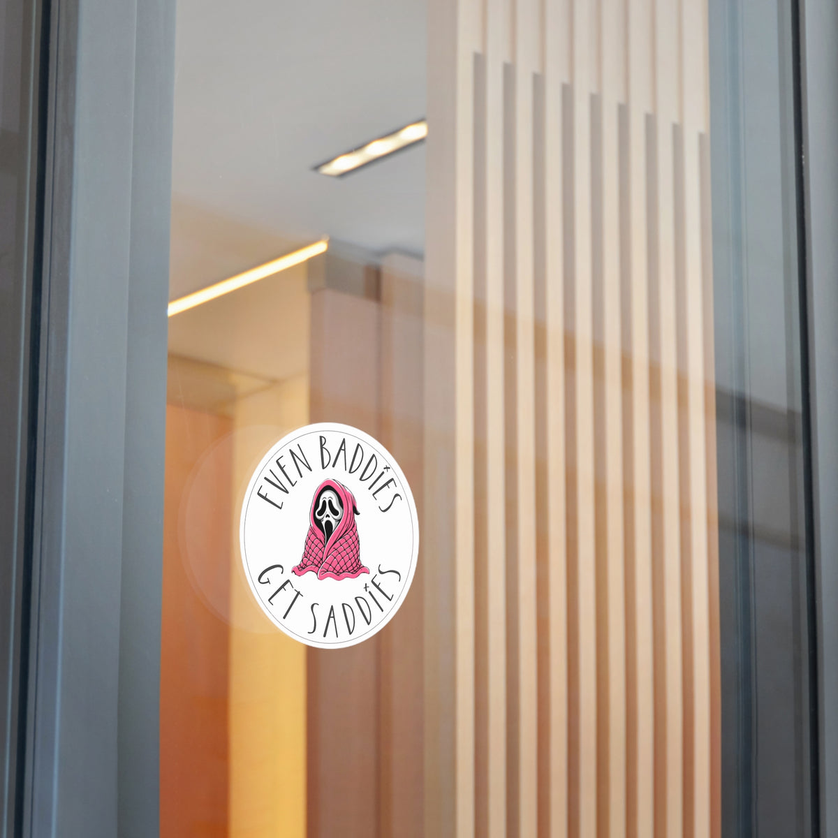 Round Vinyl Sticker — “Even Baddies Get Saddies” Cute Scream Ghost in Pink Blanket