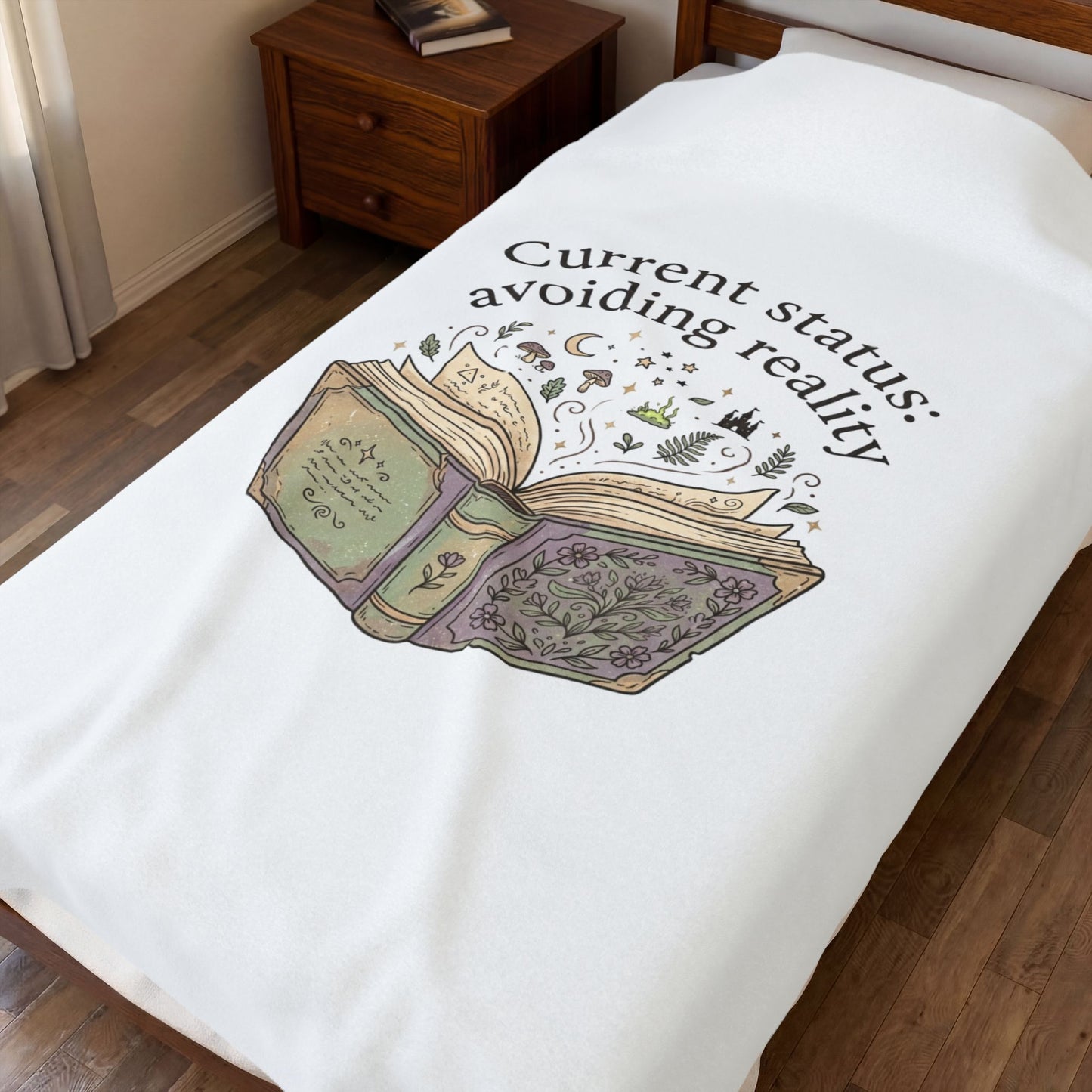 Current Status: Avoiding Reality Velveteen Blanket | Book Lover, Cozy Reader