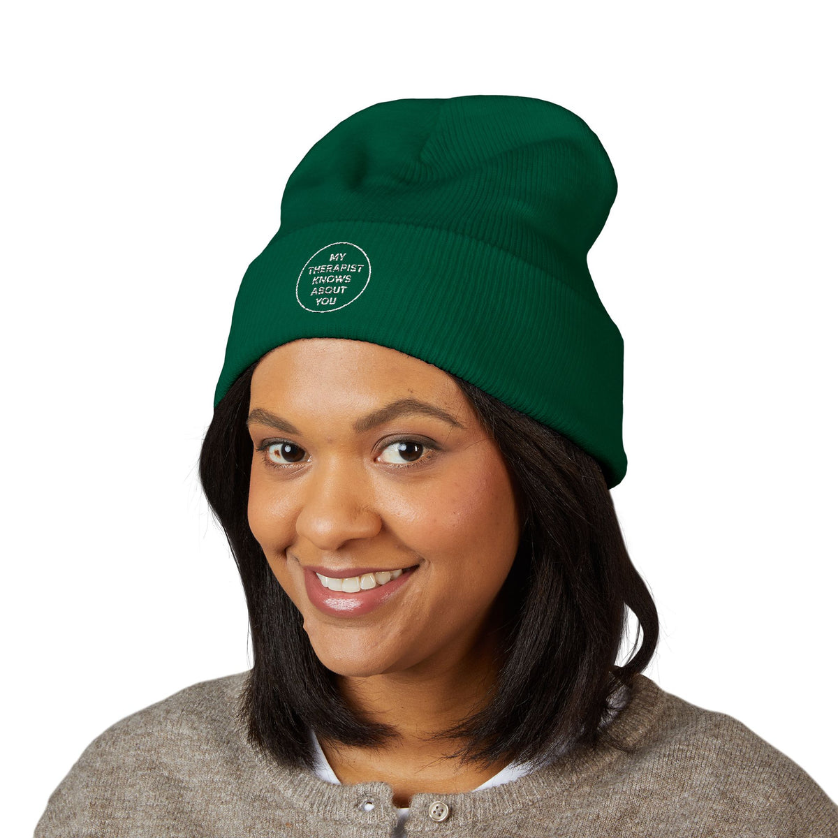 Embroidered Cuffed Beanie — “My Therapist Knows About You” Minimal Knit Hat