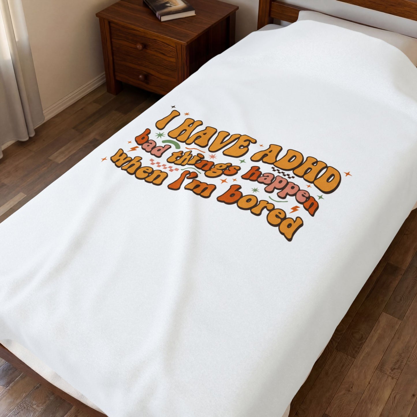 I Have ADHD slogan Velveteen Plush Blanket, neurodivergent pride, sensory-friendly