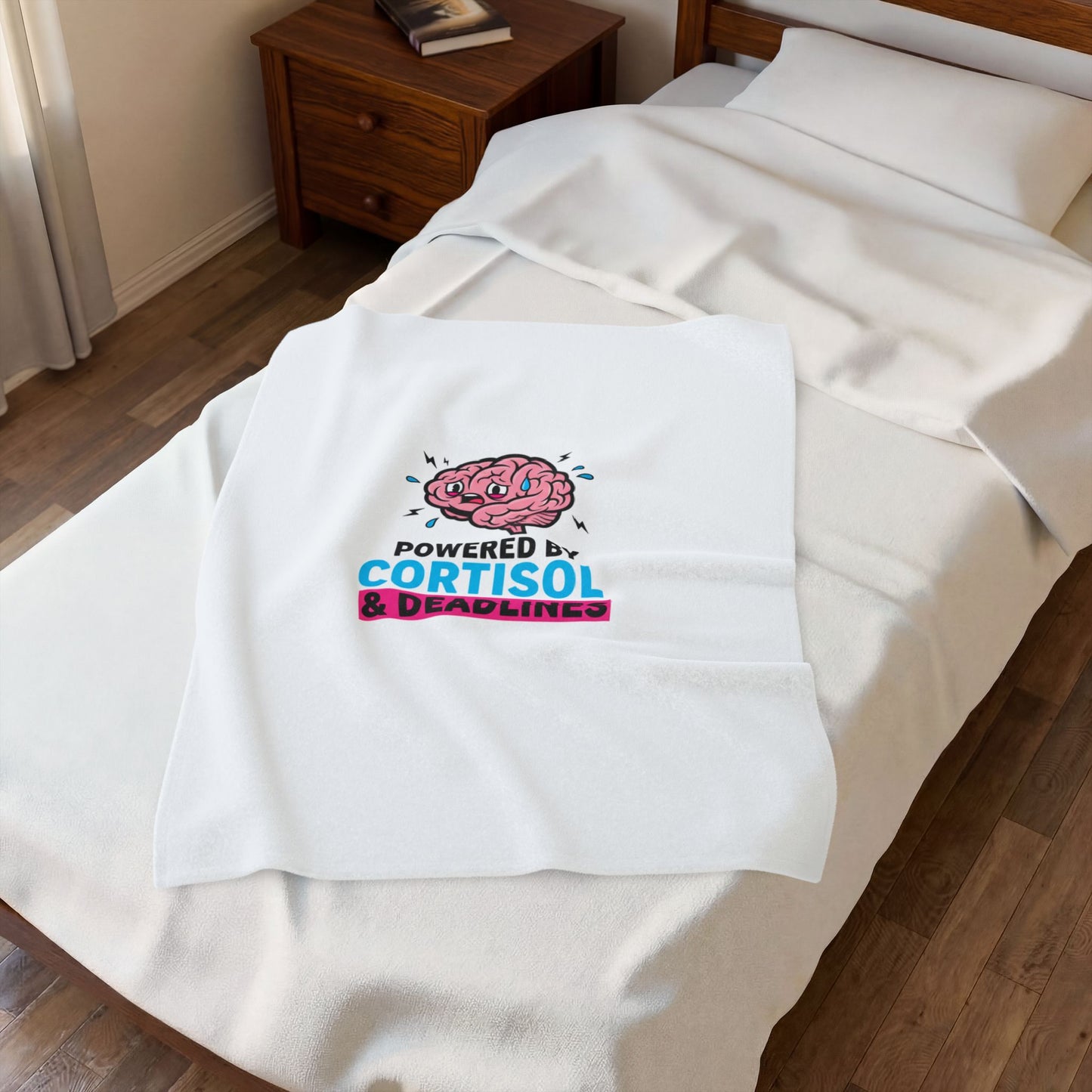 Powered by Cortisol & Deadlines Velveteen Plush Blanket, stress meme, burnout humor