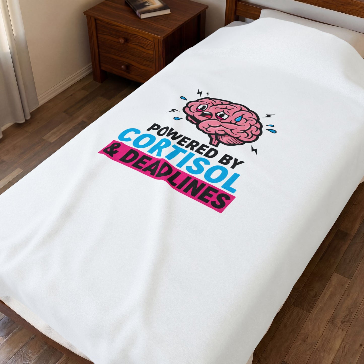 Powered by Cortisol & Deadlines Velveteen Plush Blanket, stress meme, burnout humor