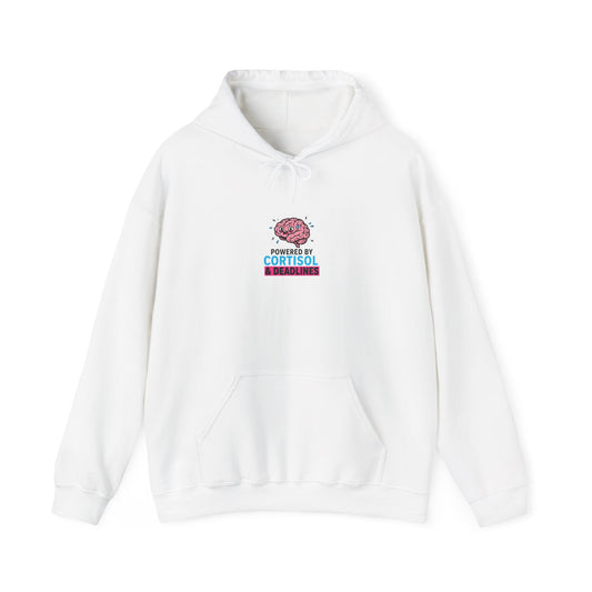 Powered by Cortisol Hoodie | stress meme, burnout shirt